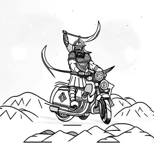 A Fierce Viking Warrior Riding A Motorcycle Through A Snow-covered Mountain Range