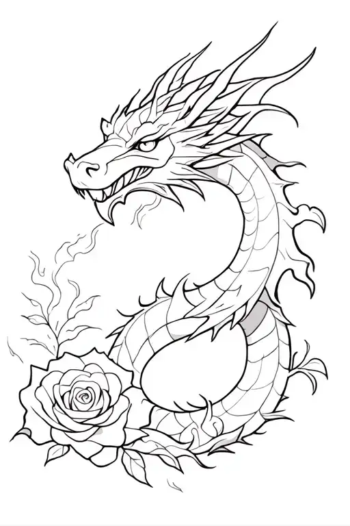 Dragon With Few Roses Peaking And Flames Shooting
