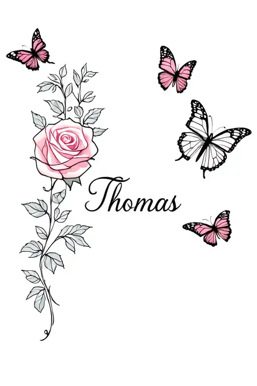 Roses And Butterflies With The Name Thomas For A Bikini Line
