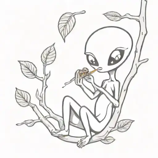 Cute Alien Eating Spaghetti In A Tree
