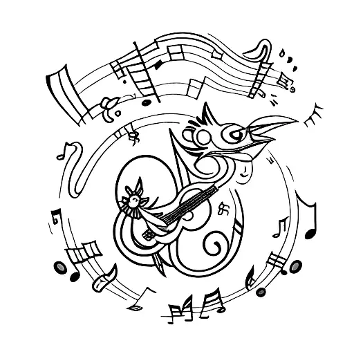 A Whimsical Music-themed Tattoo Featuring A Fenix Bird Playing A Lullaby To A Baby