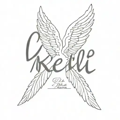 The Name Kelli In A Cursive Font With Angel Wings Under The Name On The Forearm
