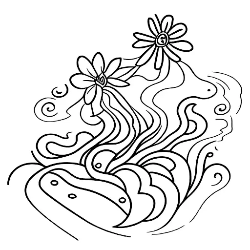 A Tranquil Riverside Scene With A Cascading Waterfall And Blooming Wildflowers