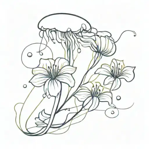 Fine Line Jellyfish Tatoo With Lily Flowers Intertwined