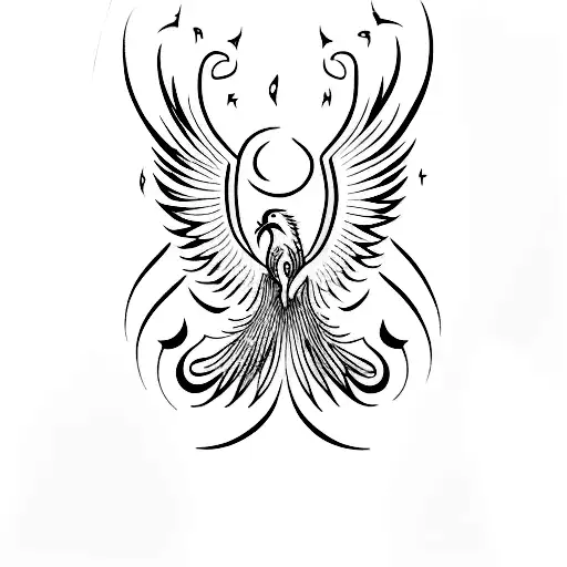 A Minimalist Tattoo Of A Rising Phoenix With Music Notes Incorporated Into Its Wings