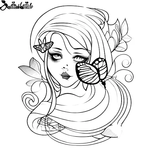 One Line Girl Portrait With Butterfly On Head