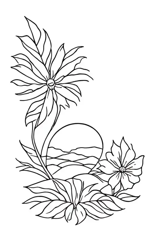 Polynesian Style Shoulder Tattoo With Flowers Beach Monstera Plant And Sunset