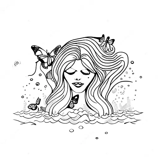 Woman Drowning In Water With Butterflies On It