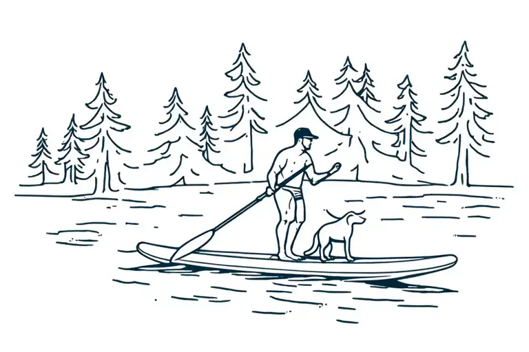 Guy On Paddleboard With His Dog Surrounded By Trees