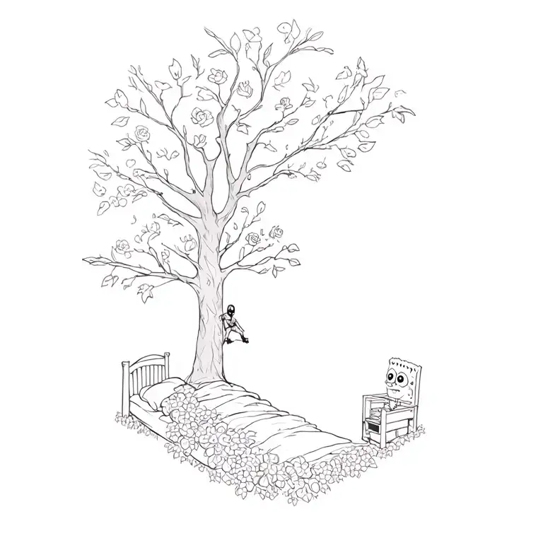 Deadpool In A Tree Overlooking Spongebob In A Bed Of Flowers