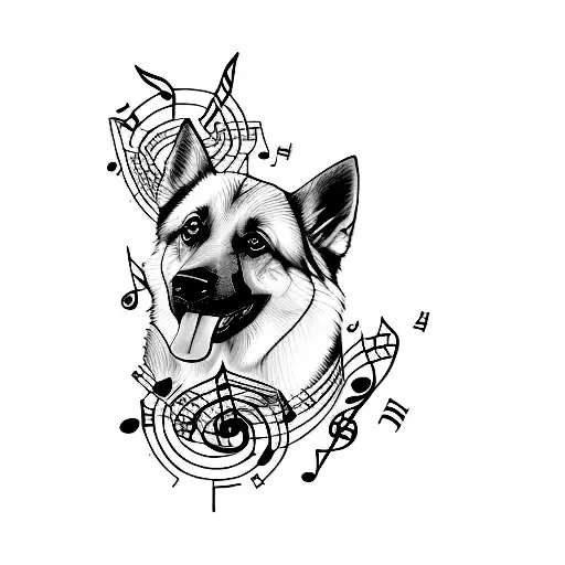 A Minimalist Tattoo Of A German Shepherd With Musical Notes Forming Its Body