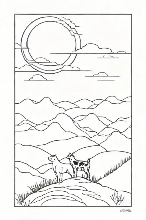 Sunset Over Hills With Dog And Cat Silhouettes