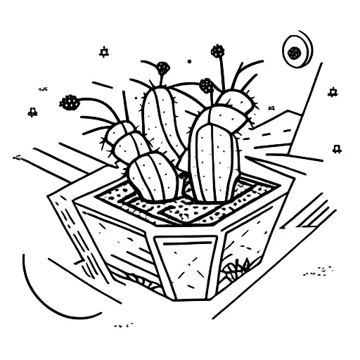Cactus In A Square Pot With A Moon In The Background