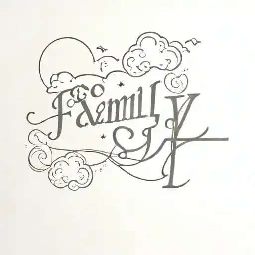 A Forearm Sleeve Tattoo With A Cross And The Word Family And Clouds All Over The