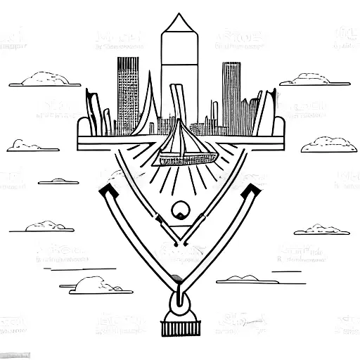 A Minimalist Tattoo Of A Mudlarking Tool Or Equipment With The London Skyline In The Background