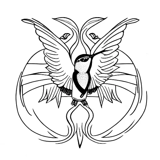 Hummingbird Pheonix With Long Tail And Flowers