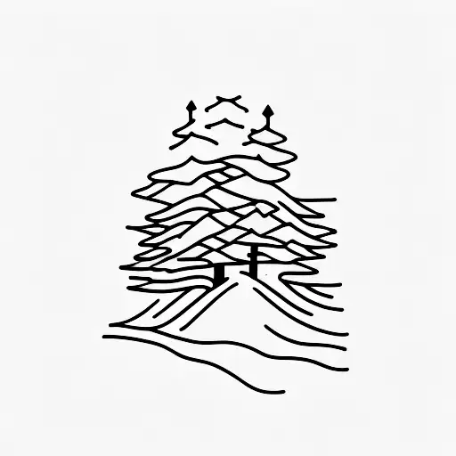 A Minimalist Tattoo Of A Pine Tree Forest Reflecting On A Calm Lake
