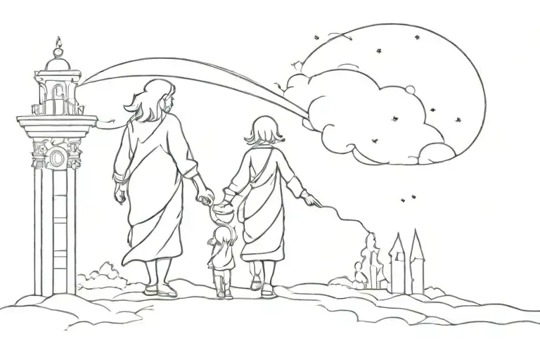 Grandma And Little Girl Holding Hands Walking Into Heavens Gates -- Make The Grandma More In Front