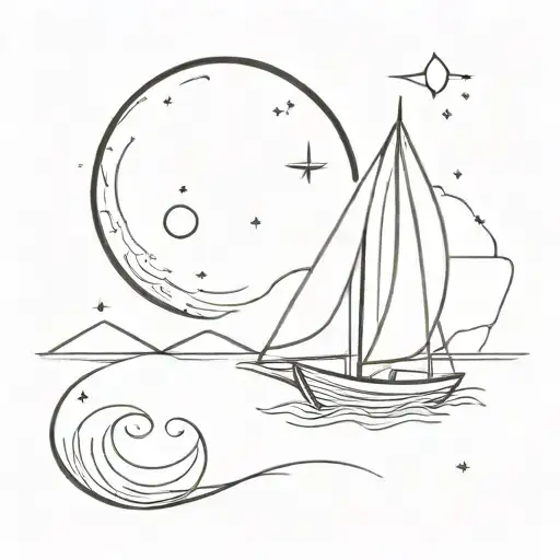 Sailboat And Moon Bold Line