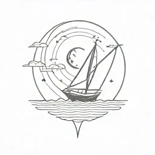 Sailboat And Moon Bold Line