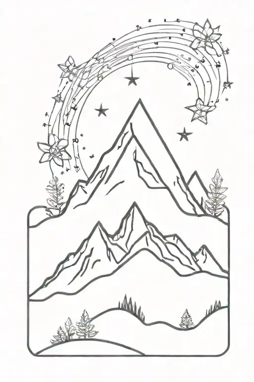 Whimsical Wildflowers Blazing Fire Three Peak Mountain Under Starry Sky