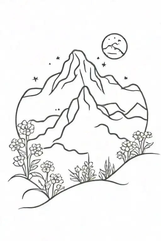 Wildflowers Fire Three Peak Mountain Under Starry Sky