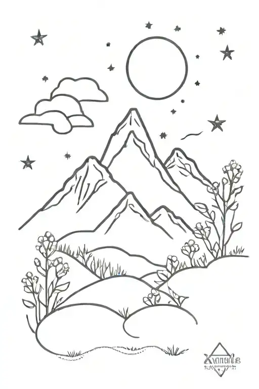 Fire And Wildflowers Three Peak Mountain Under Starry Sky