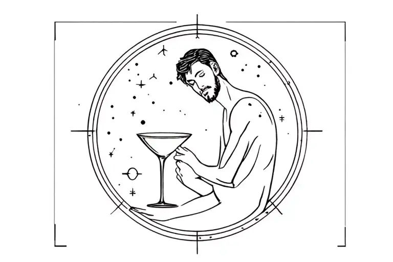Constellation Of The Aquarius With A Half Full Glass And A Pensive Man
