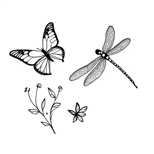 Little Fineline Tattoo With One Butterfly And Dragonfly