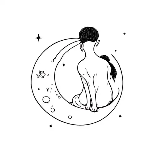 Child And Back Dog Sitting On A Moon Crescent