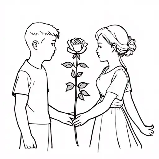 2 Boys And 1 Girl Holding A Single Rose Blooming