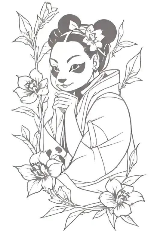 Nezuko With Panda And Purple Tulip Flowers