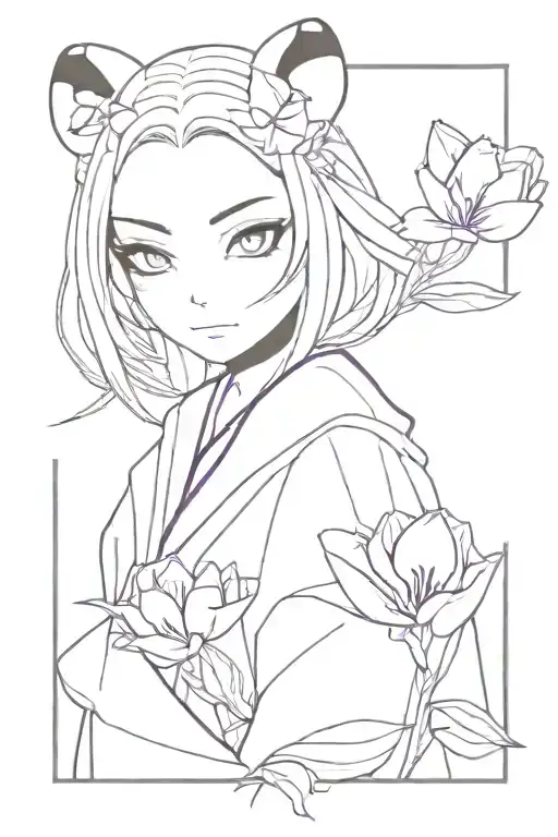 Nezuko From Demon Slayer With Panda Mask And Purple Tulip Flowers