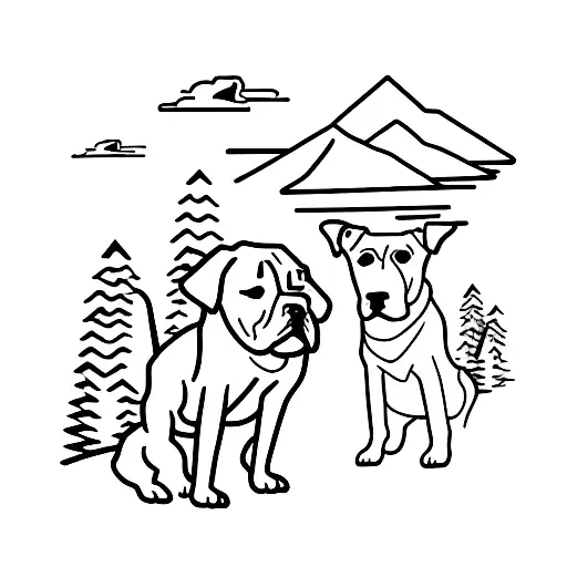 A Minimalist Tattoo Of A Hiker And A Pit Bull Dog Conquering A Challenging Hiking Trail