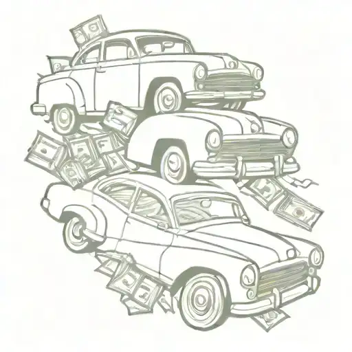 A Tattoo Design Featuring A Vintage Car Driving Through A Stack Of Dollar Bills