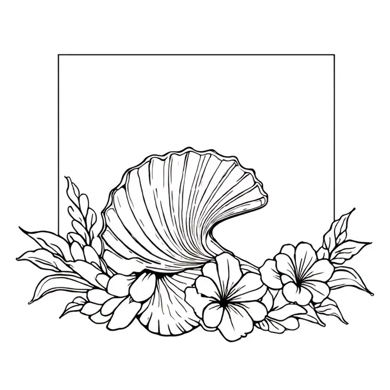 Seashell And Waves Crashing In The Background With Hawaiian Flowers