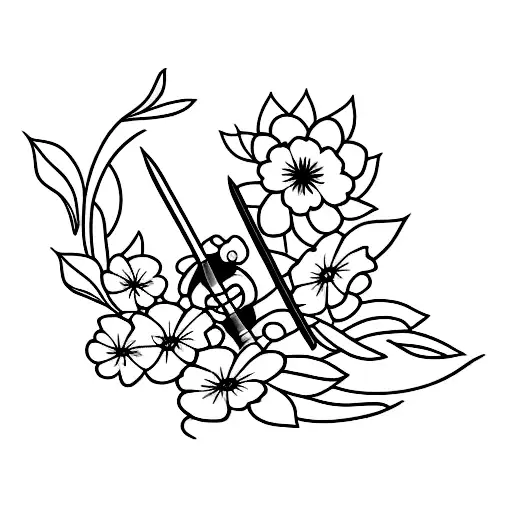 A Minimalist Tattoo Of A Katana Surrounded By Cherry Blossoms