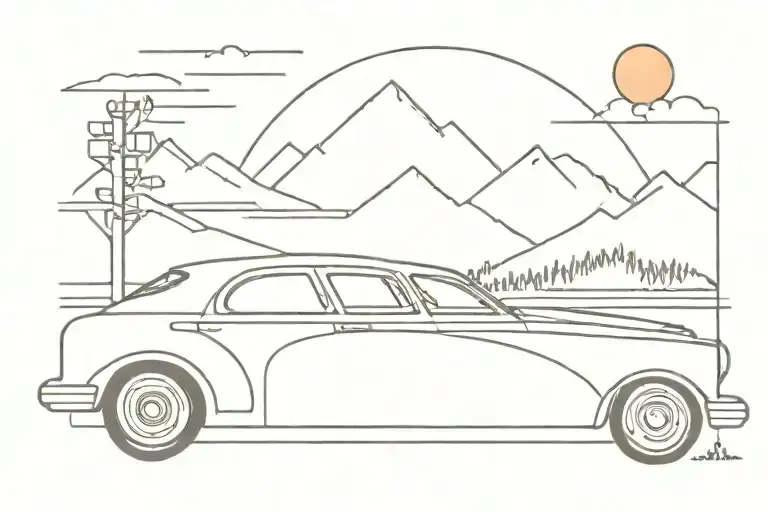 90S Style Car With A Road Leading To A Sunset And Mountains