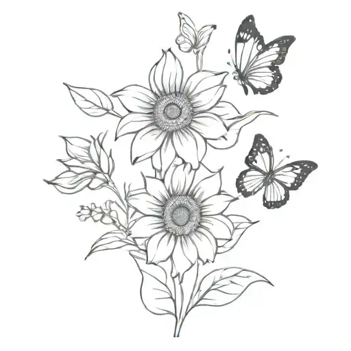 Flowers With Butterflies And Sunflower