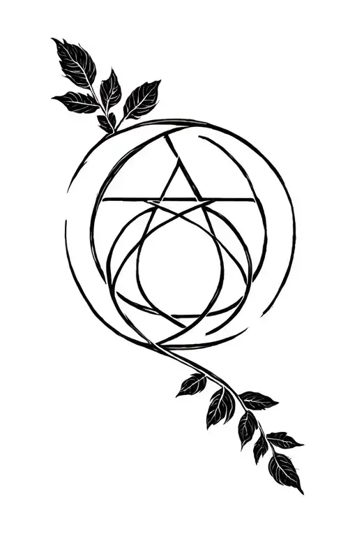 Pentagram Crescent Moon Leaves Intertwined