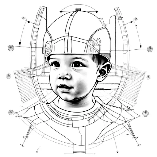 A Realistic Portrait Of His Son With A Background Of Engineering Blueprints