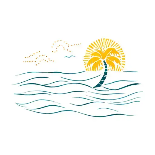 Sunshine And Palm Tree And Ocean Waves Line And Dot