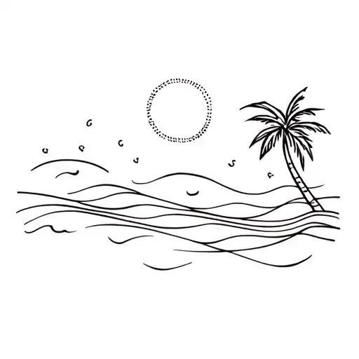 Sunshine And Palm Tree And Ocean Waves Line And Dot