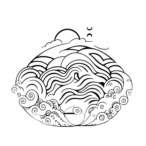 A Minimalist Tattoo Of A Crashing Wave With A Serene Moon In The Background