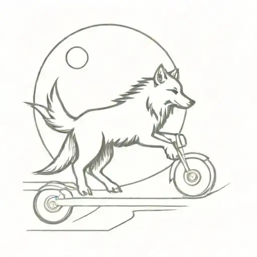A Minimalist Tattoo Of A Wolf Howling At A Full Moon While Driving A Motorcycle