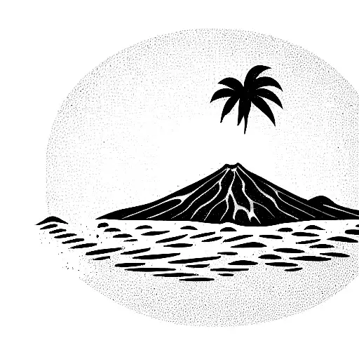 Volcanic Mountain Surrounded By Sea And Palm Trees And A Turtle In Water