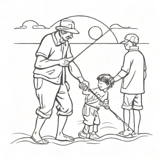 A Father And Son Fishing On The Beach