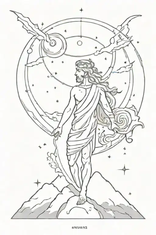 A Sketch Tattoo Of A Celestial Being Inspired By Greek Mythology Overlooking A Vast Galaxy