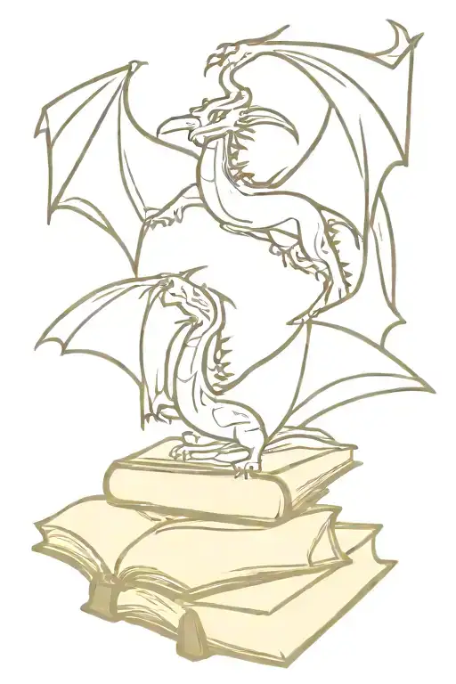 Dragons Flying Out Of Stack Of Books With An Open Book On Top