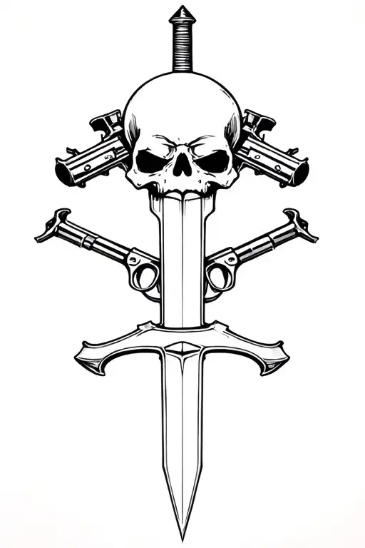 Skull Sword And Guns Inside A Black